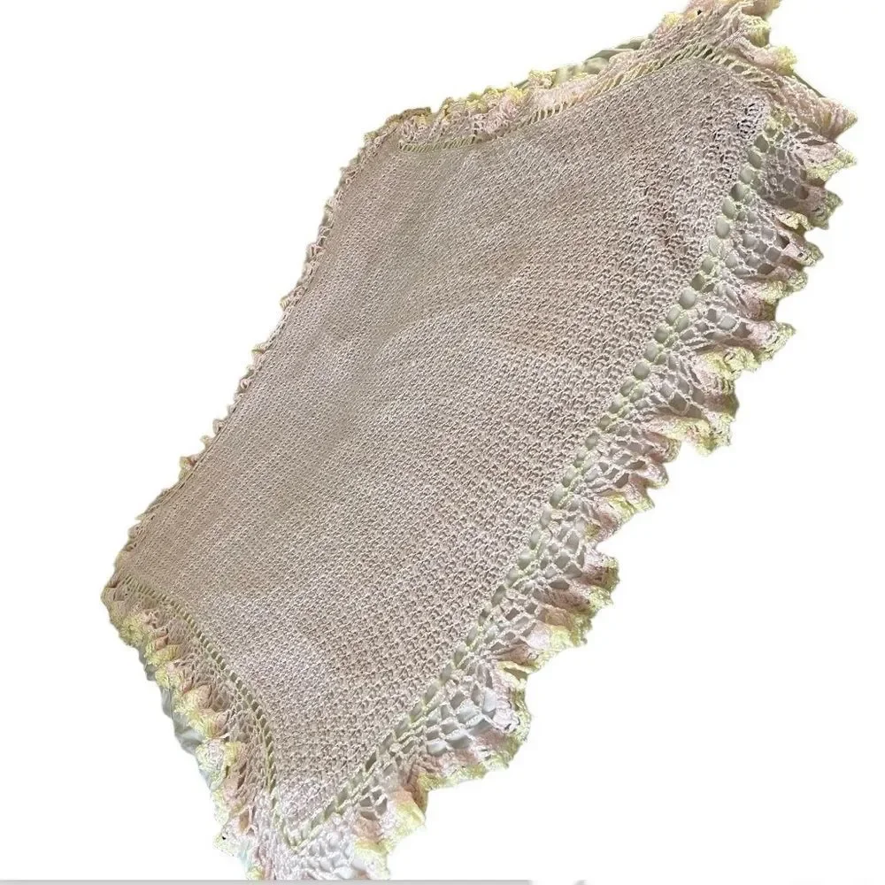 HANDMADE Baby Pink Blanket Yellow Trim Lacy Edge 46 x 54